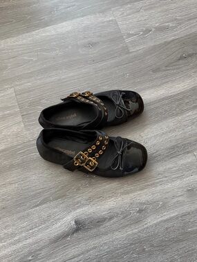 Jeffrey Campbell Black Mary Jane Flats with Gold Buckle Detail